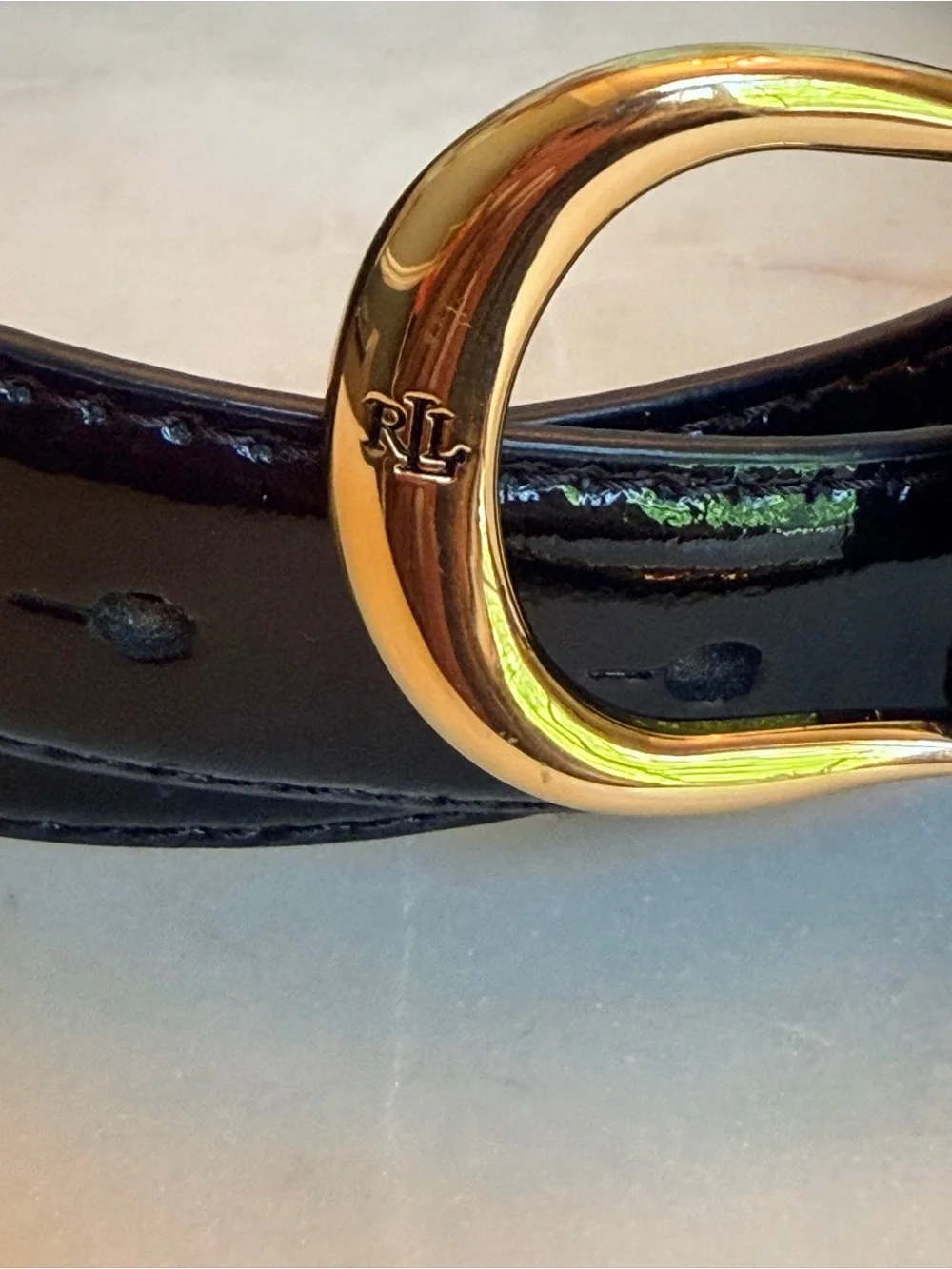 Lauren Ralph Lauren Black Patent Belt with Gold LRL Buckle, size Large (NWOT)